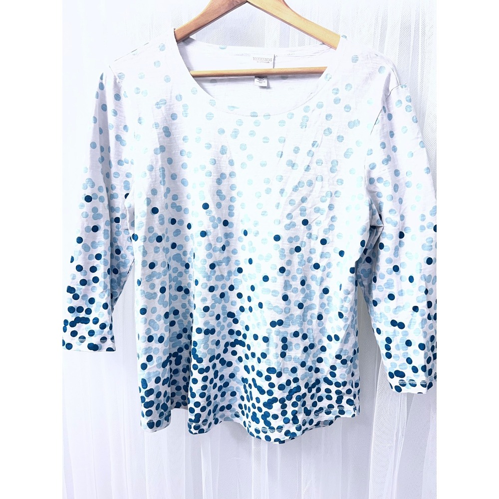 Weekends by Chicos Blue White Polka Dot Ombre 3/4 Sleeve Slub Knit Top Size 1 M